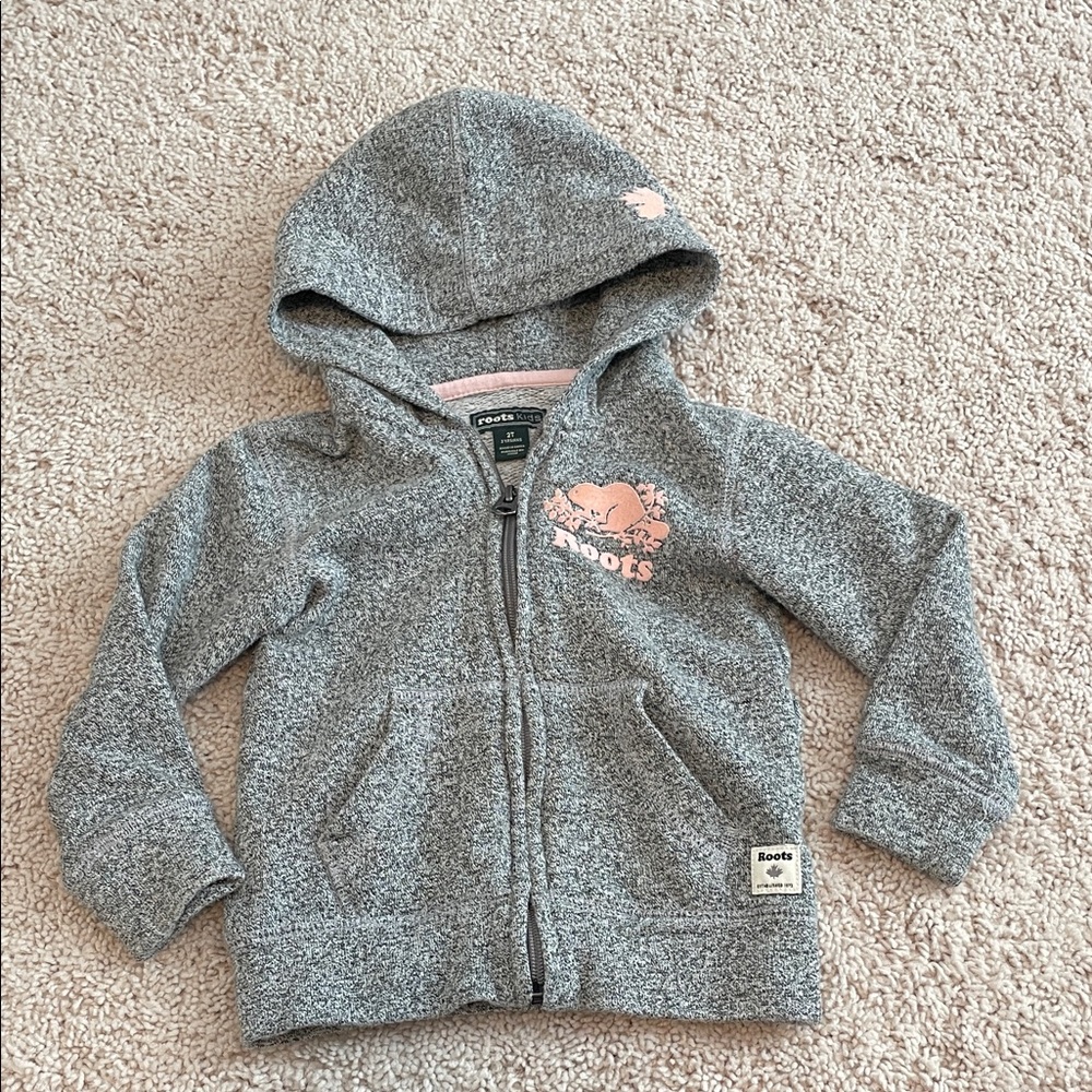 Roots Heather Gray Kids Hoodie with Pink Roots beaver and maple leaf details